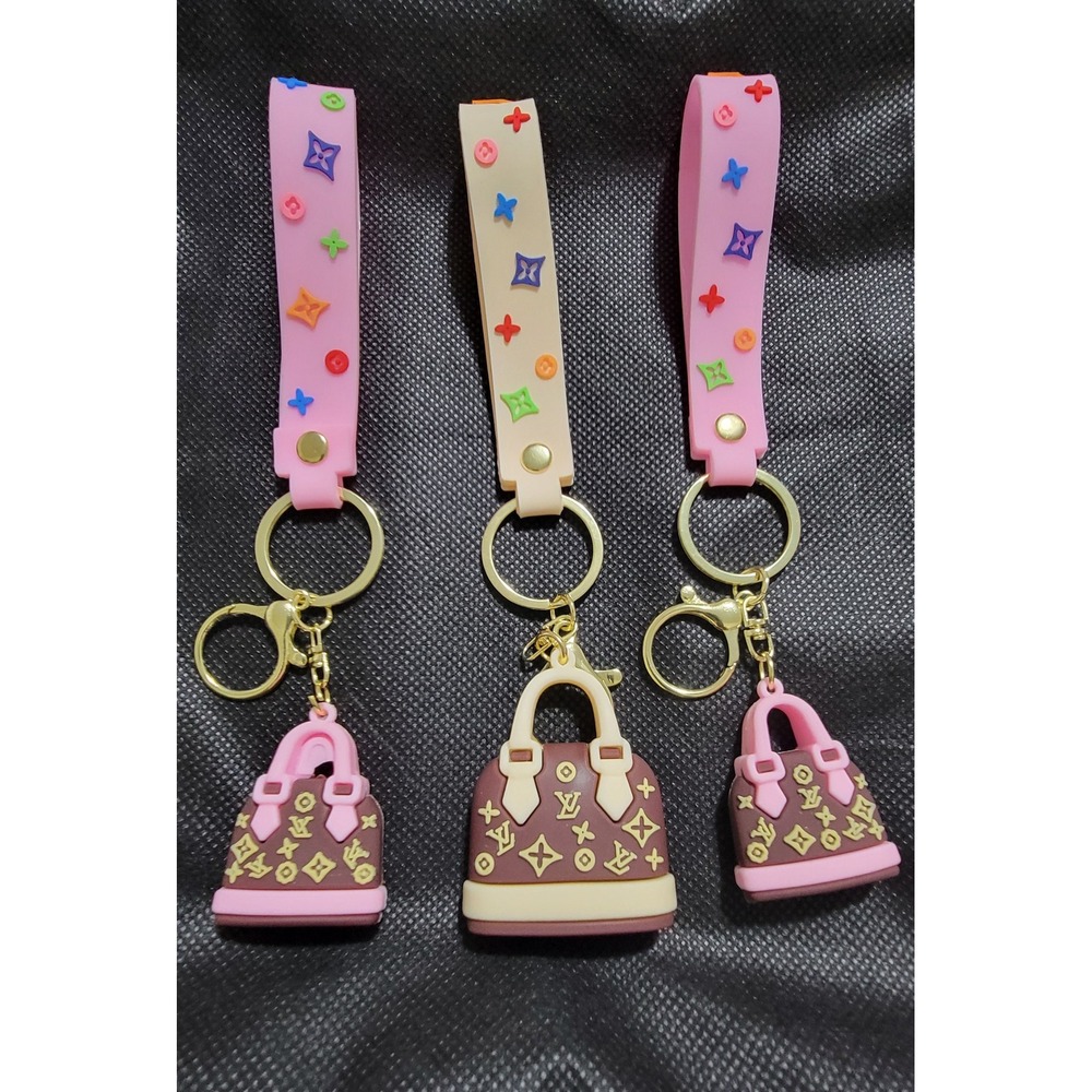 Monogram Purse Keychain Charm Silicone Wristlet Pink Cream‎ Gold Tone Hardware